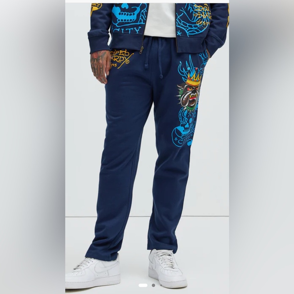 Ed Hardy Panther Bulldog Sweatpants Midnight Blue Size Large - Picture 2 of 9